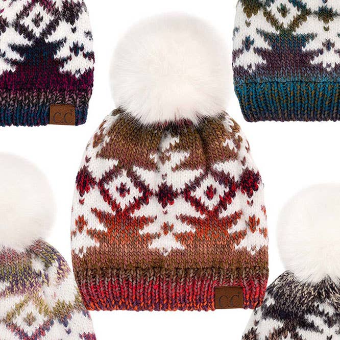 Hana - Wholesale Beanie - Women's - C.C Multi Yarn Aztec Pattern Pom Beanie Winter Hat1