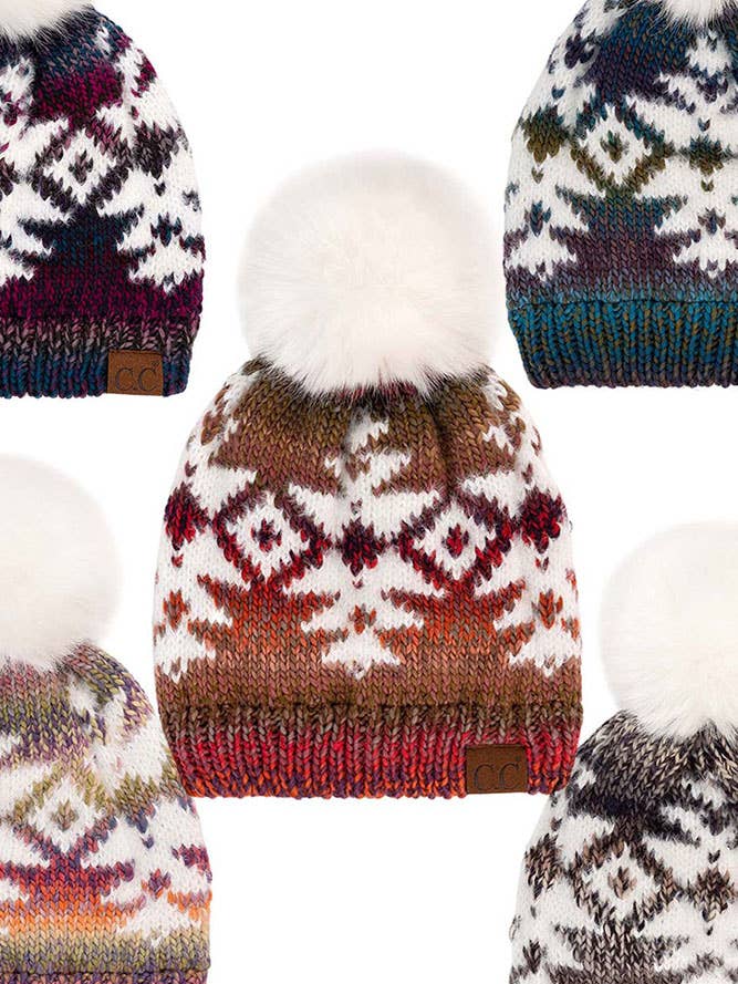 C.C Multi Yarn Aztec Pattern Pom Beanie Winter Hat for wholesale by Hana