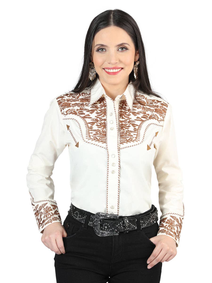 Conejo Western Wear - Venta al por mayor Camisa con botones - Mujer - Camisa Bordada de Mujer Señor de los Cielos Beige/Camel Oscuro0
