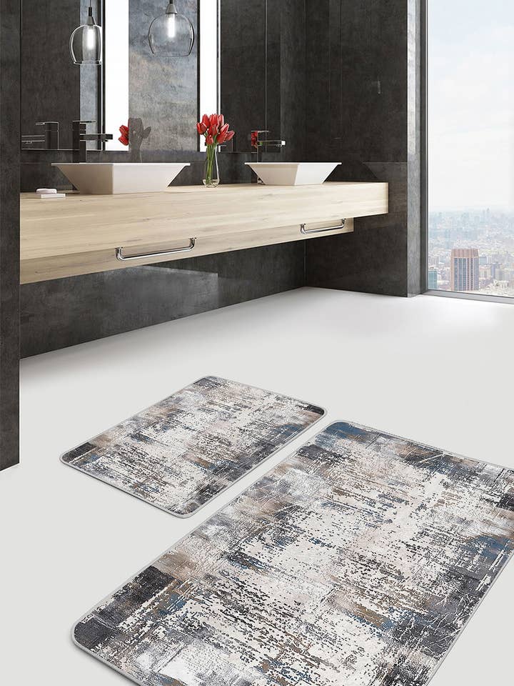 Urban Abstract Blue Splash Geometric 2 Piece Bath Mat Set for wholesale by Realhomes
