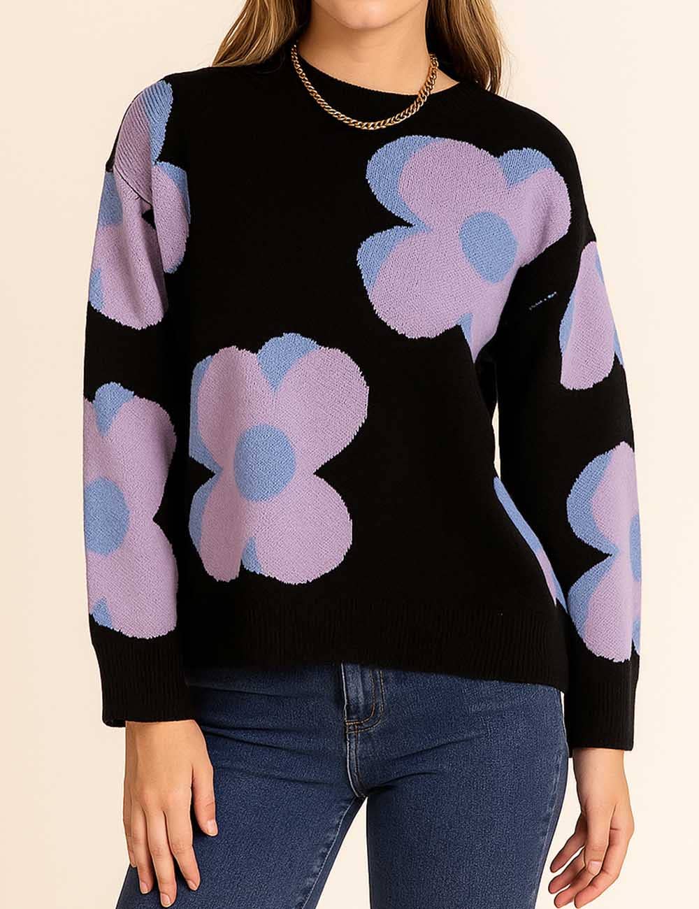 Sweetkama - Vente Pull en maille – femme - Pull tricoté à col rond à motif floral multicolore pour femmes10