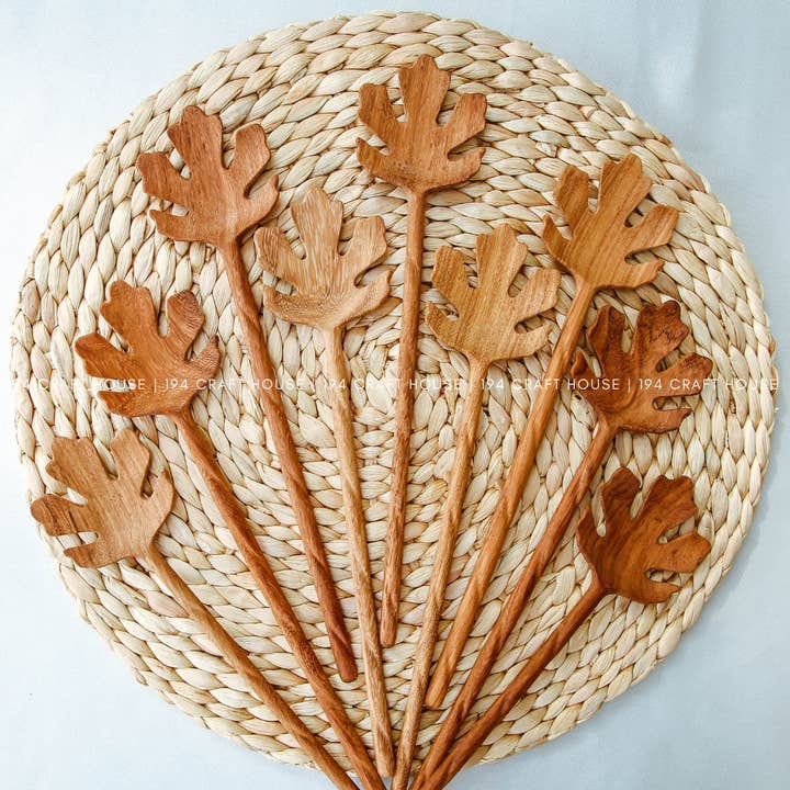 194 Craft House - Vente Ustensile de service - Cuillère en bois sculptée à la main en forme de feuille - Ustensiles de cuisine