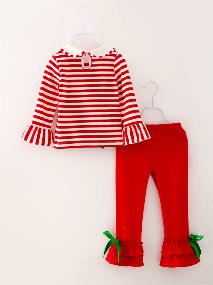 littleoneusa - Wholesale Top & Pant Set - Kids - Christmas Red Stripe Santa Ruffle Girl Pant Set Kids Clothes
