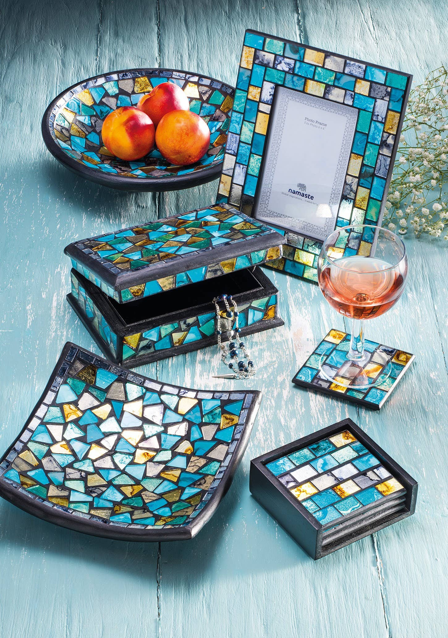 Namaste – wholesale Dekorativ tallrik/fat/skål – Turkos Och Guld Mosaik Rund Skål1