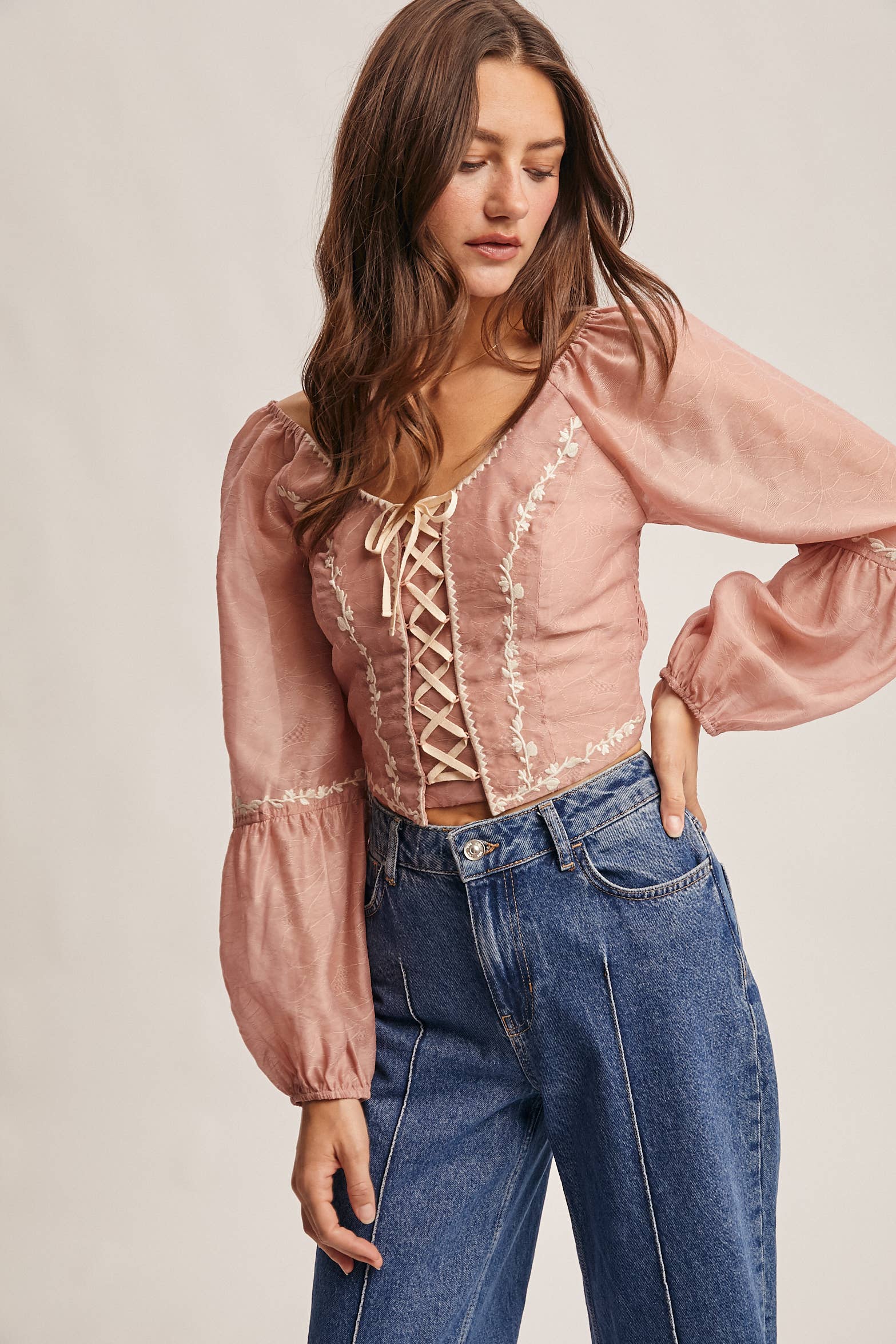 Forte - Wholesale Blouse - Women's - Lace-Up Embroidered Puff Sleeve Top FT0007 1