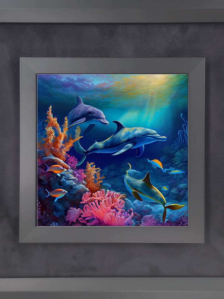 Dolphins I avec galerie noire et tissu pour la vente par The Brightener Group
