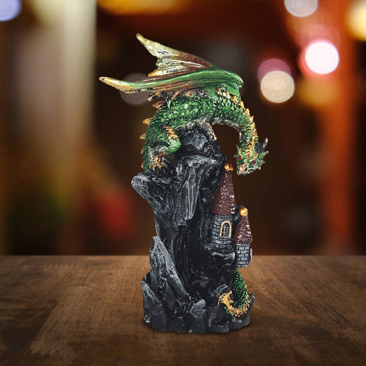 4"H Medieval Green Dragon on Castle Figurine Home Decor Gift for wholesale by FC Design