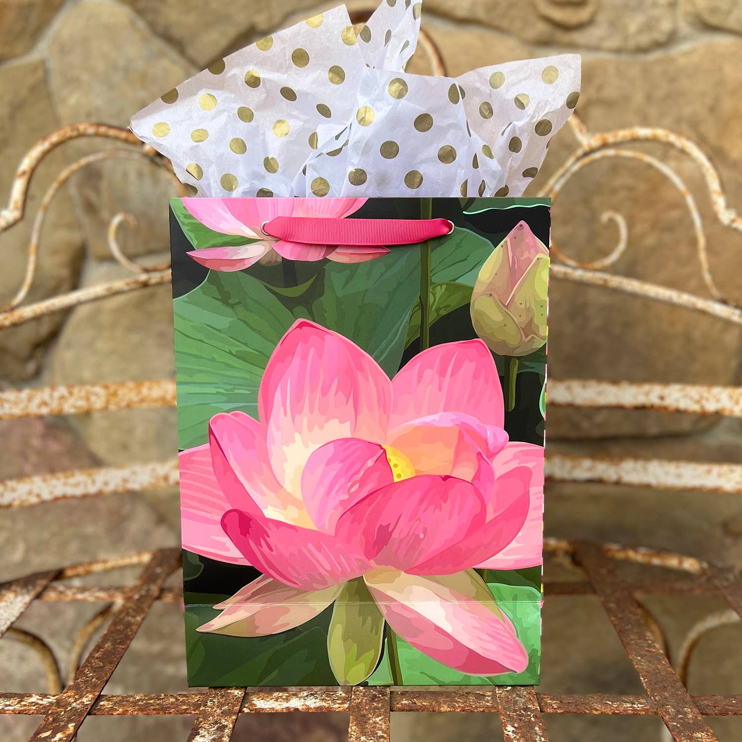 The Red Barn Press - Wholesale Gift Bag - LARGE Floral Gift Bag | Pink Lotus on Deep Green Botanical3