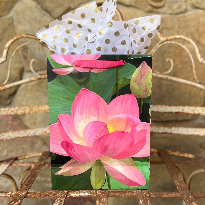 The Red Barn Press - Wholesale Gift Bag - LARGE Floral Gift Bag | Pink Lotus on Deep Green Botanical3