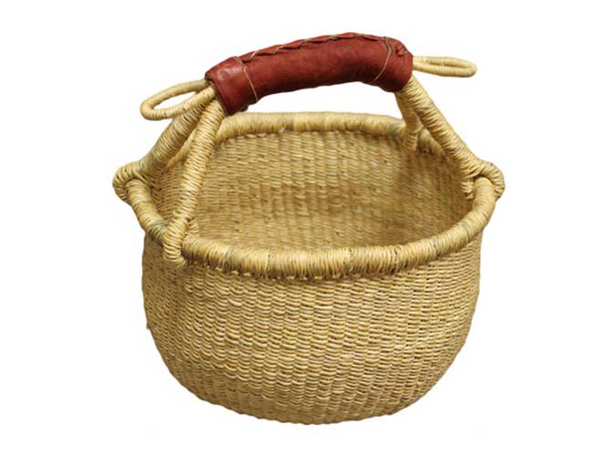 African Market Baskets - Wholesale Basket - African Bolga Baskets : Nat. Mini Round w/Leather (G-149AN)1