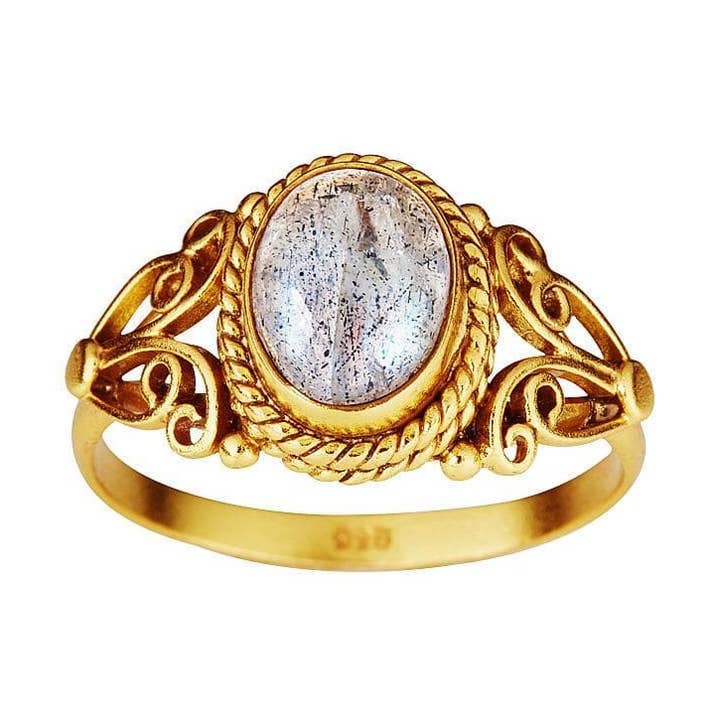 Grande bague indienne en plaqué or avec labradorite pour la vente par Juulry