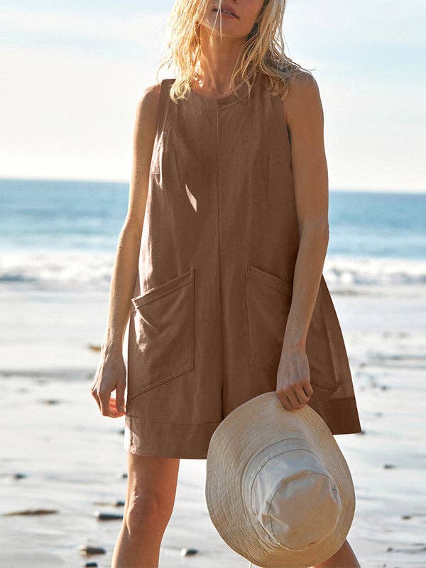 Basis Fancy - Wholesale Romper - Women's - Loose Sleeveless Pockets Solid Color Round-Neck Rompers13