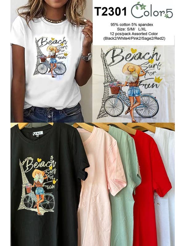 Color 5 - Wholesale Screen printed t-shirt – Women′s - Graphic printing crew neck t shirt with rhinestone and pearl3