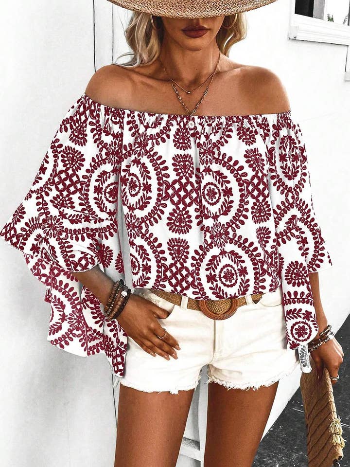 schouderblouse met plantenprint en uitlopende mouwen voor wholesale door Queen Fashion