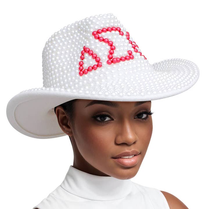 DST Sorority White and Red Pearl Fedora Hat Women for wholesale on Faire