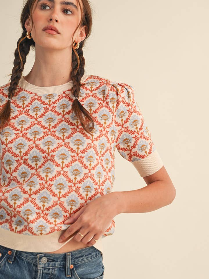 &MERCI - Wholesale Knit Sweater - Women's - FLORAL PATTERN SHORT SLEEVE SWEATER MSW1086048