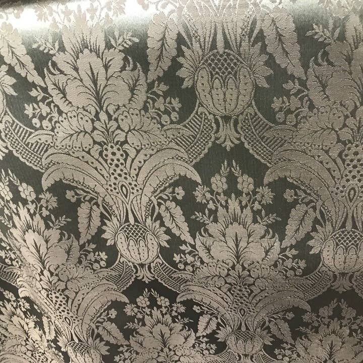 SWATCH Prince Caspian Designer Brocade Damask Satin Fabric- Antique Green - Upholstery Brocade for wholesale by Fancy Styles Fabric
