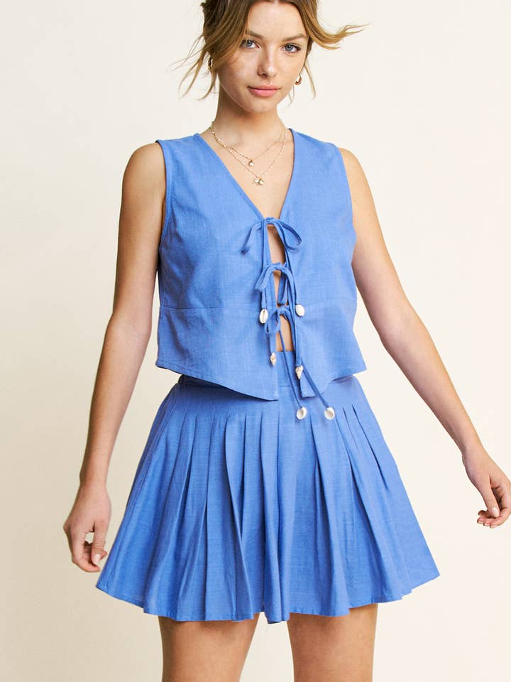 LINEN TIE SEA SHELL DETAIL TOP PLEASTED SKIRTS SET-HSET0099 for wholesale by Hersy