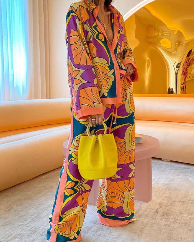 Rosa Clothing - Wholesale Lounge Set - Women's - Printed Long-Sleeved Shirt Straight-Leg Pants Lounge Set10