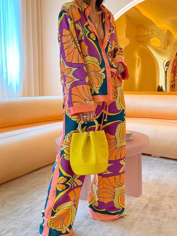 Rosa Clothing - Wholesale Lounge Set - Women's - Printed Long-Sleeved Shirt Straight-Leg Pants Lounge Set10