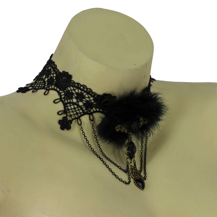 68672 – Victorian puff lace choker with chain and heart gem for wholesale by Western Fashion