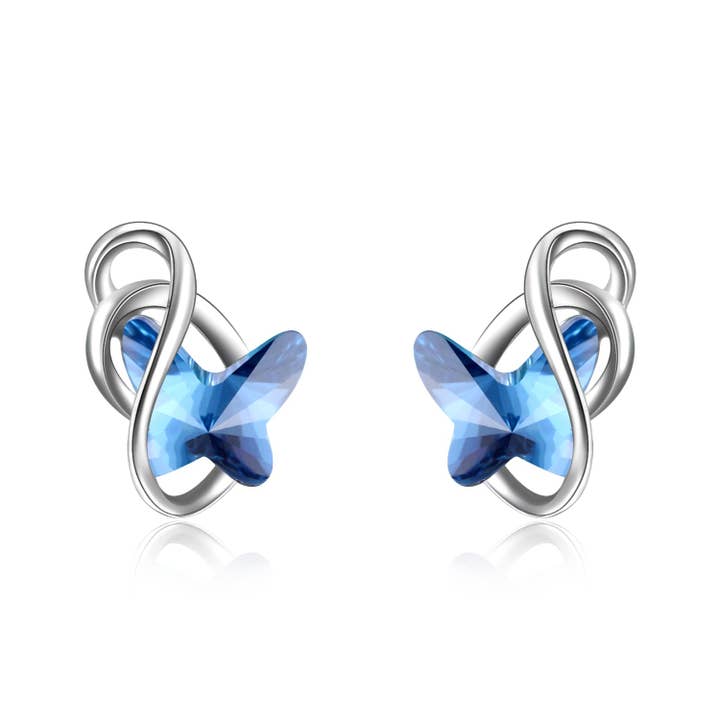 Amy and Annette - Wholesale Huggie Earrings - Sterling Silver Blue Butterfly Earrings with crystals from Swarovski