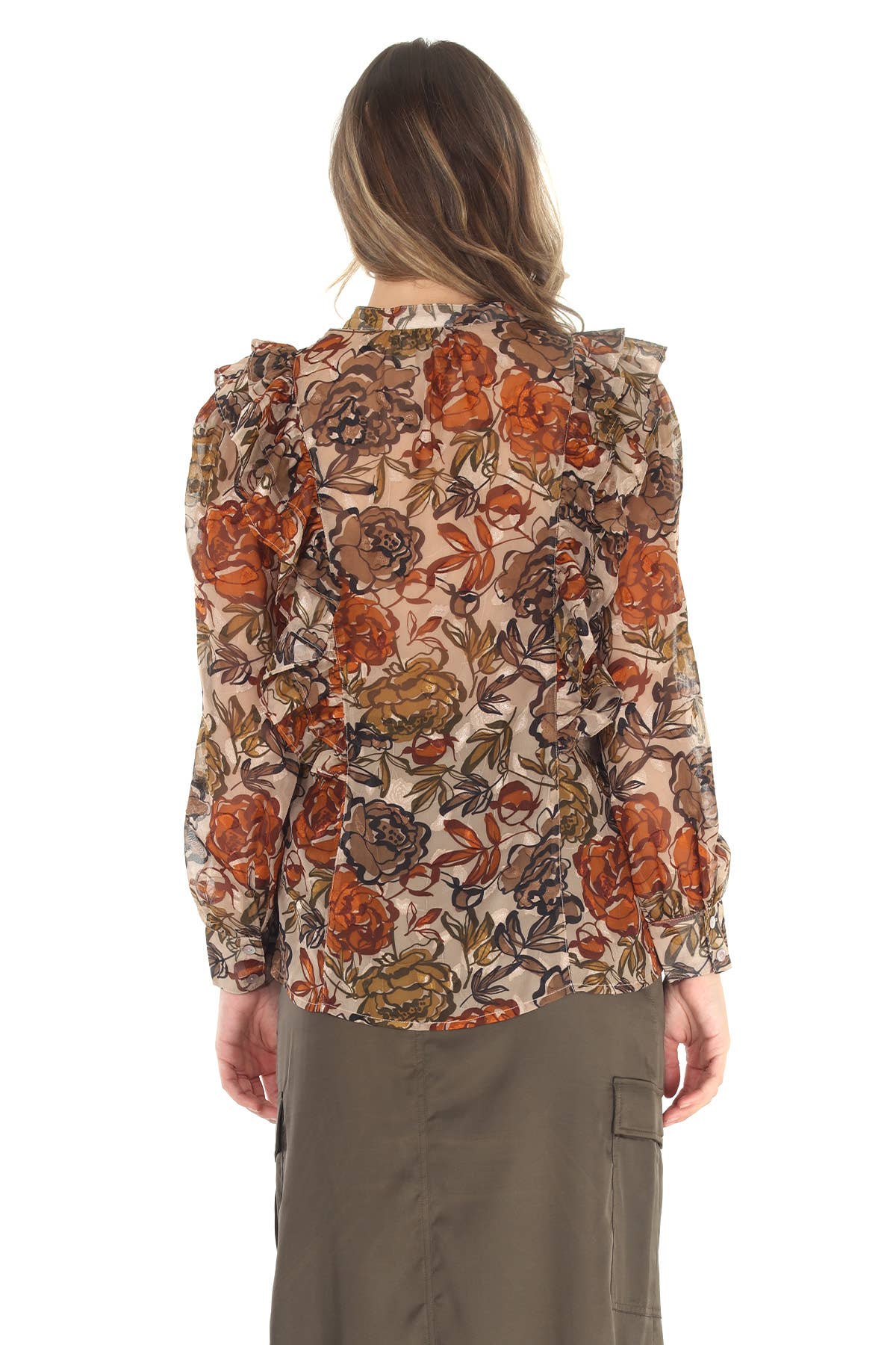 4543-MAT Floral Print Devore Ruffle Trim Blouse - Unlined for wholesale on Faire4
