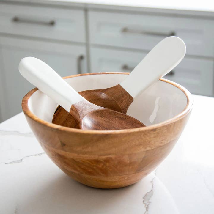 Wood + White Collection, Medium Salad Bowl & Servers Set for wholesale by Jeanne Fitz