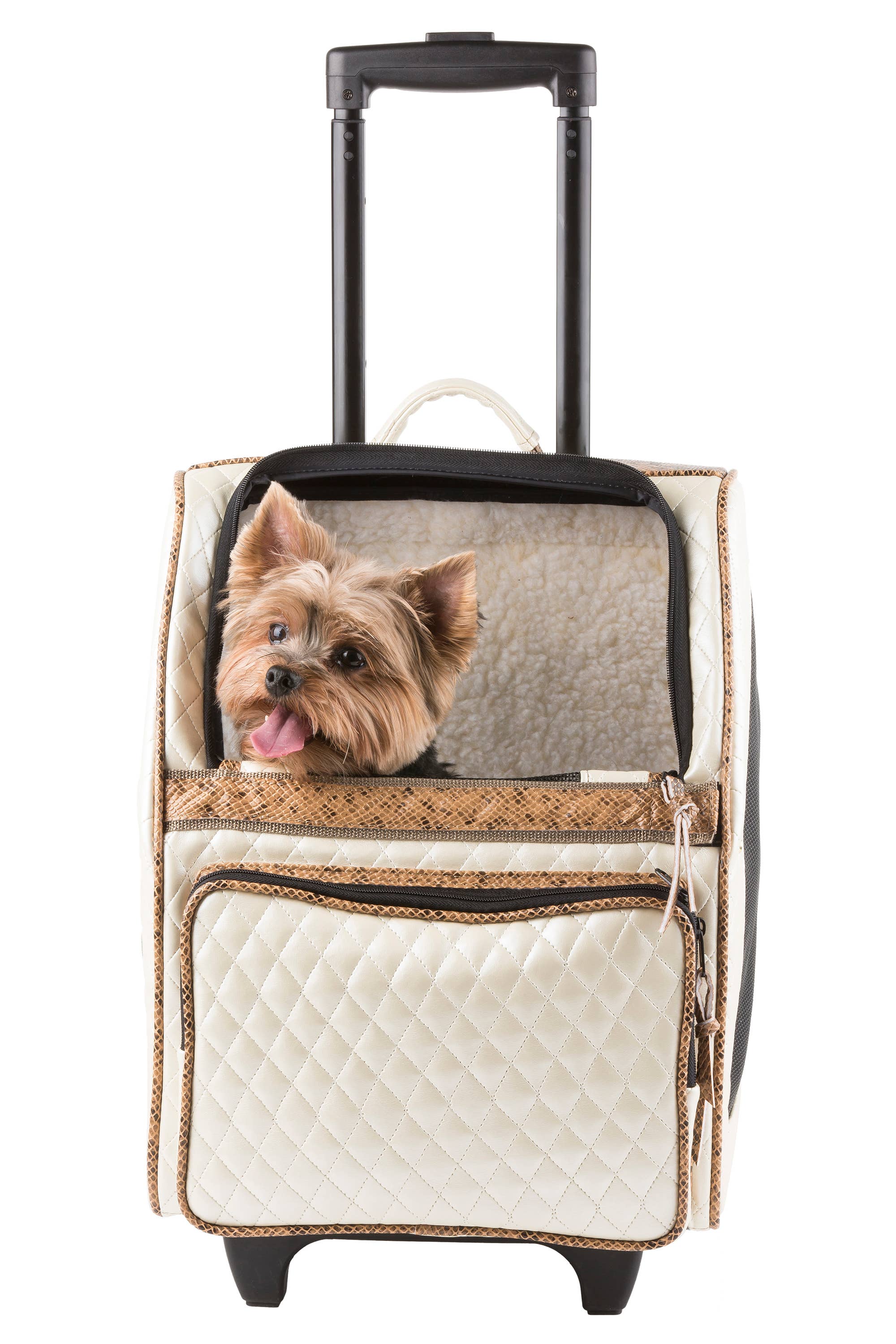 Petote - Wholesale Pet carrier – Cat/dog - Rio Ivory Quilted Faux Leather Pet Carrier with Snake Trim