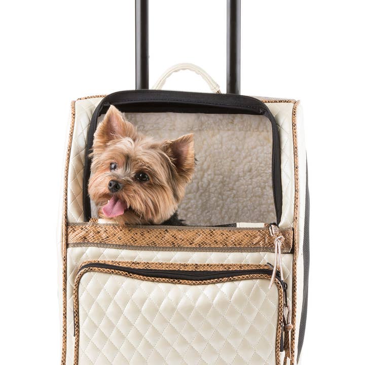 Rio Ivory Quilted Faux Leather Pet Carrier with Snake Trim for wholesale by Petote