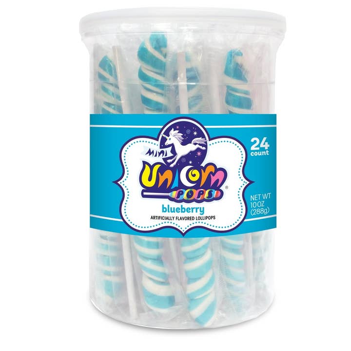 Mini Unicorn Pops Spiral Twist Bluberry Blue Lollipop 24 ct 6.5" for wholesale by Long Island Candy Factory