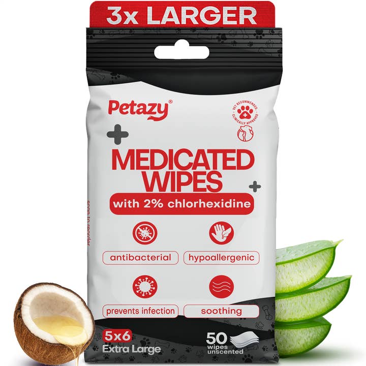 Petazy 2% Chlorhexidine Pet Wipes for Itch Relief XL 5x6" 50 for wholesale by Petazy