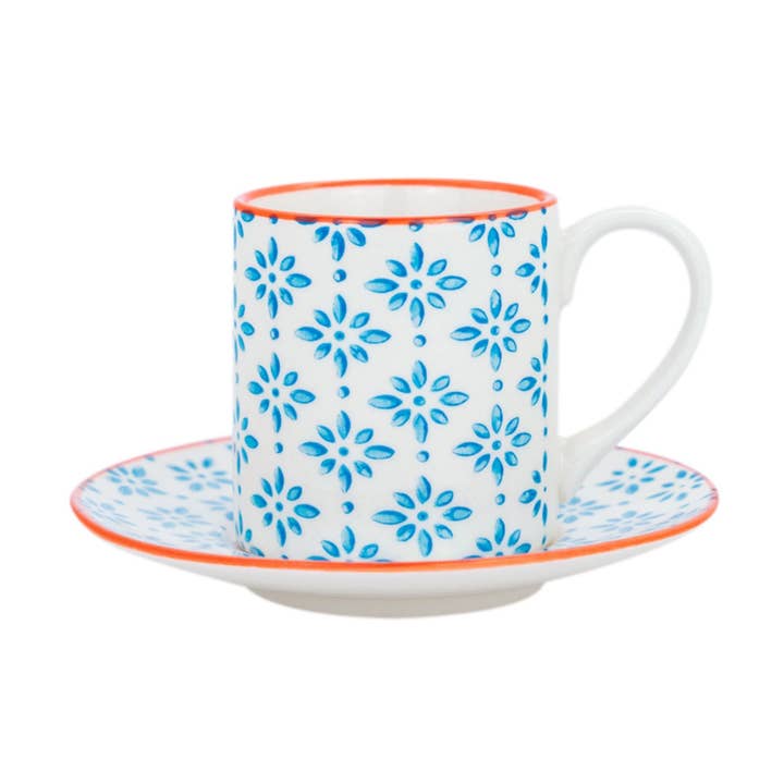 Rinkit Ltd - Wholesale Coffee/Tea Cup - Nicola Spring Patterned Espresso Cup Saucer Set Blue Orange0