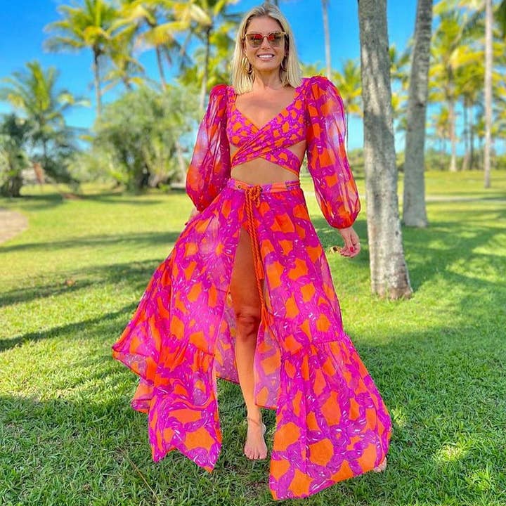 Sweetkama - Wholesale Two Piece Swimsuit - Women's - 3-Piece Floral Print Bikini Swimsuits with Cover Up