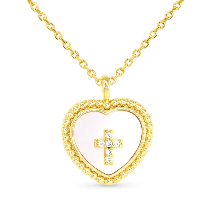 Gold CZ & MOP Heart Cross Necklace for wholesale by Amanda Blu