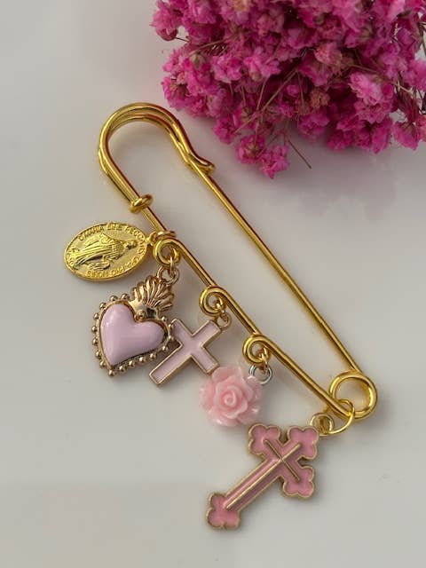 Miss DJ Angel - Wholesale Brooch - Ex-voto brooch, religious medal cross brooch, cross gift for mom, cross gift for woman, pink cross charm1