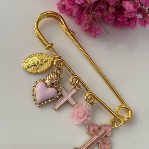 Miss DJ Angel - Wholesale Brooch - Ex-voto brooch, religious medal cross brooch, cross gift for mom, cross gift for woman, pink cross charm1