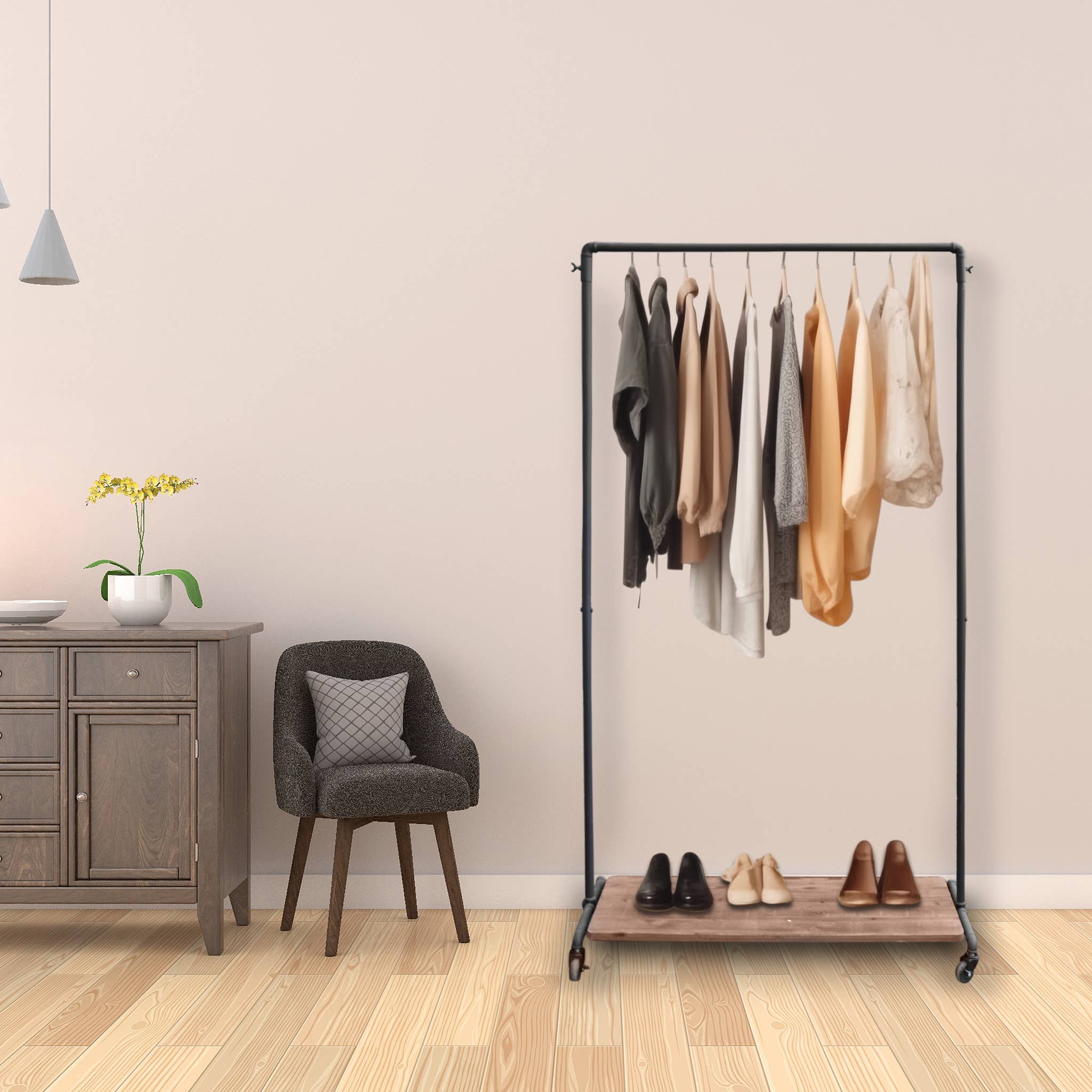 Paris Loft Inc – Cabide por atacado – Racks de vestuário de metal com prateleira de madeira e rodas com fechadura5