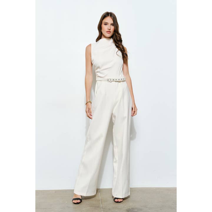 Asymmetric Draped Belted Sleeveless Jumpsuit for wholesale by INA