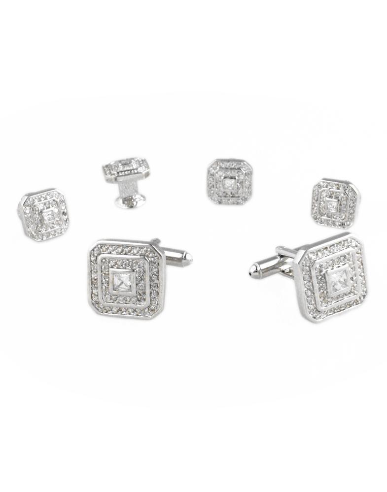 Cardi International - Wholesale Jewelry Set - Square CZ with Silver Trim Studs and Cufflinks Set0