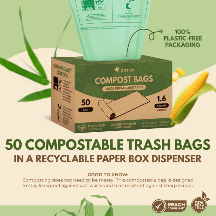 AIRNEX – wholesale Rubbish can/Rubbish bin – Compostable Trash Bags 1.6 Gal - Roll of 50 Compost Bin Bags