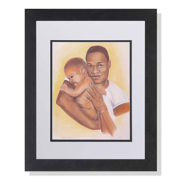 African American Black Father Son Precious Moments Wall Picture W/B Matted Framed Art Print for wholesale by Unlimited Potential LLC