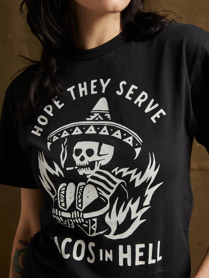 Pyknic – T-shirt estampada - Mulher por atacado – Espero que sirvam tacos na Hell Vintage Western Tee Adultos4