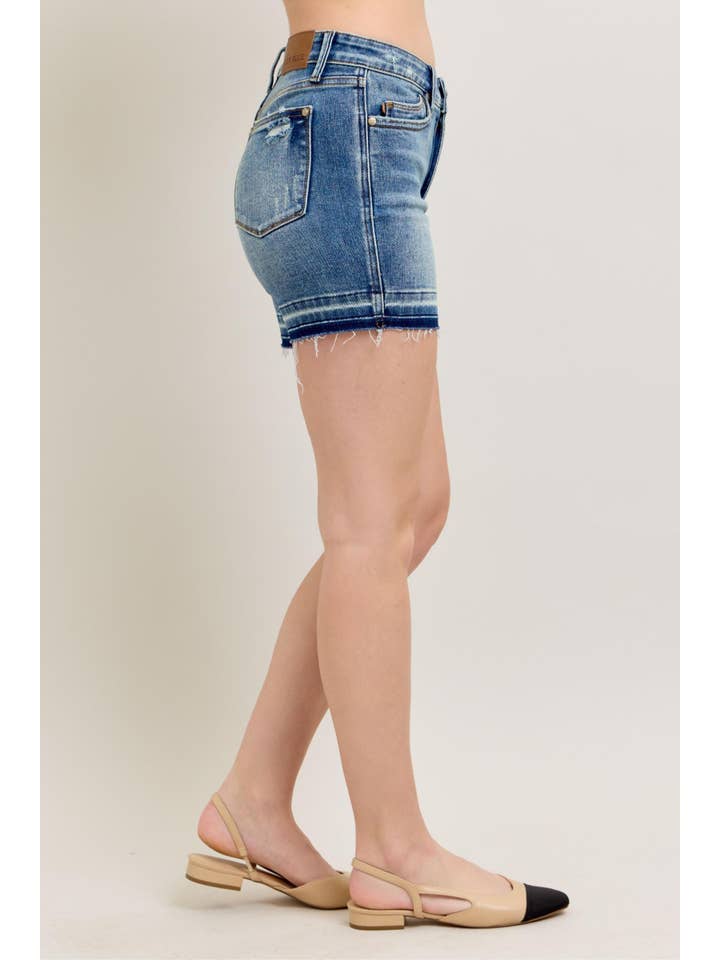 Watermelon Apparel - Wholesale Jeans - Women's - Judy Blue Mid Rise Tummy Control Vintage Wash Release Hem Shorts