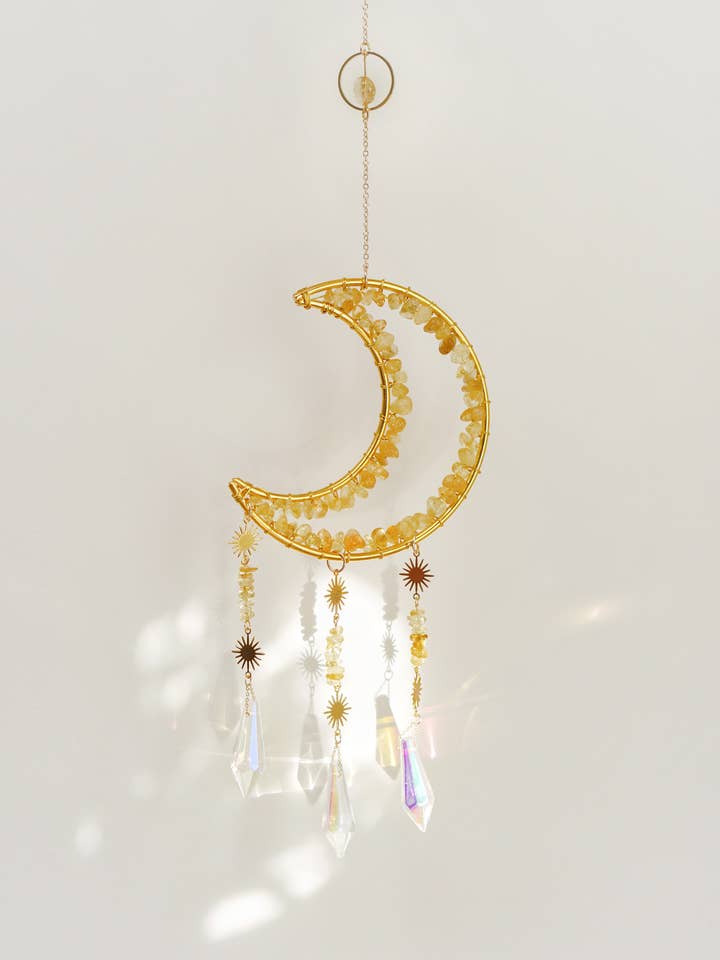 Gold Tone Crescent Moon Citrine Crystal Window Suncatcher for wholesale by Xander Kostroma