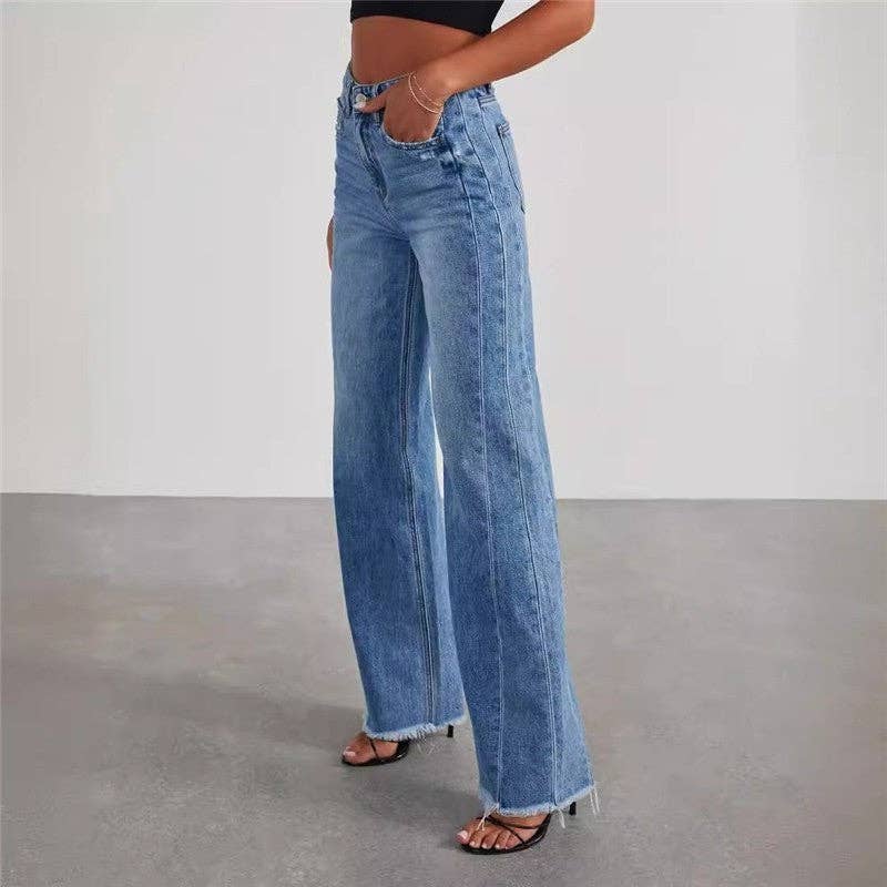 DENIM BLUE Loose Wide Leg Jeans With Raw Hem for wholesale on Faire1