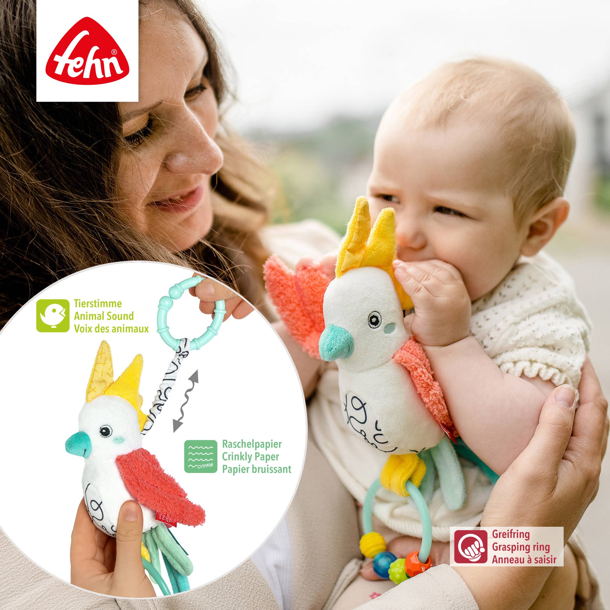 Fehn – Chocalho suspenso - Bebé por atacado – Pássaro cantador - brinquedo para habilidades motoras com anel de pérolas2