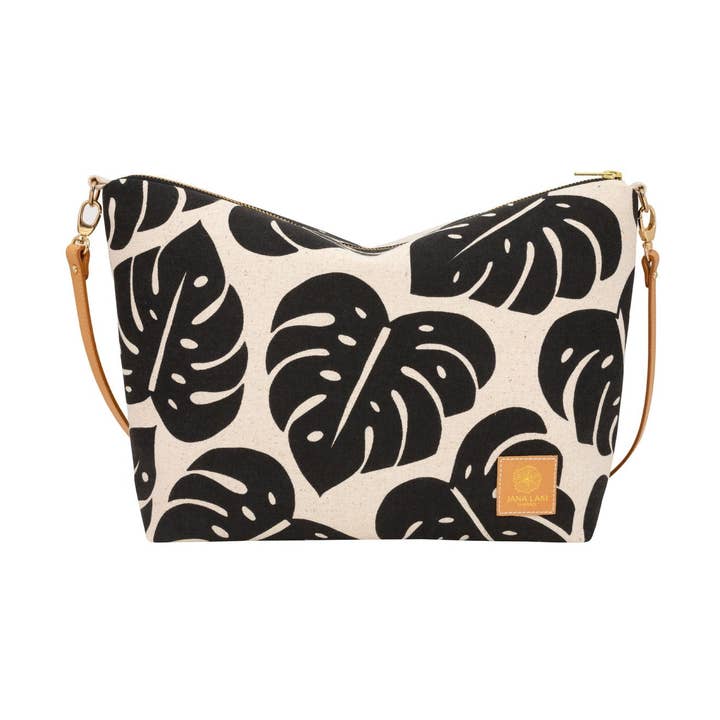 Slouchy Cross Body • Monstera Shadow • Black on Natural Fabric for wholesale by Jana Lam