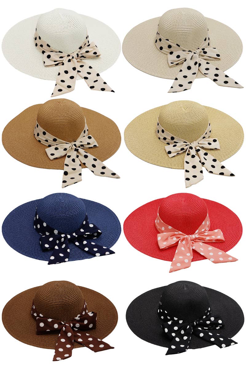 Cap Zone - Wholesale Straw Hat - Women's - Polka Dot Ribbon Tight Weave Straw Floppy Sun Hat0