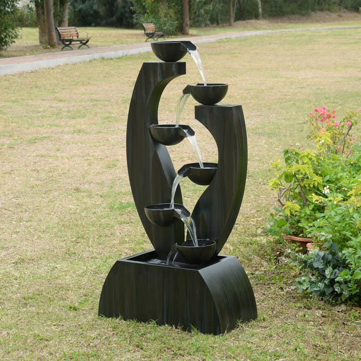 Hi-Line Gift Ltd. - Wholesale Outdoor Ornament/Decor - Outdoor Metal Cups Fountain with Rusty Gray Finish
